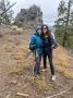 7-Janet & Elisabeth on trail at 'little pilot rock' with fog-obscured Mt. Loughlin